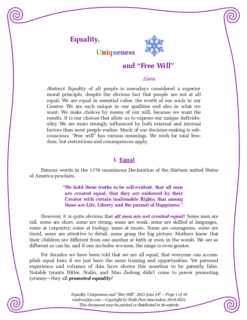 Read paper - Equality Uniqueness and "Free Will"